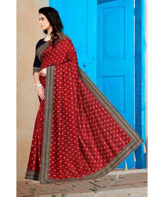 maroon printed polyester saree with blouse 1