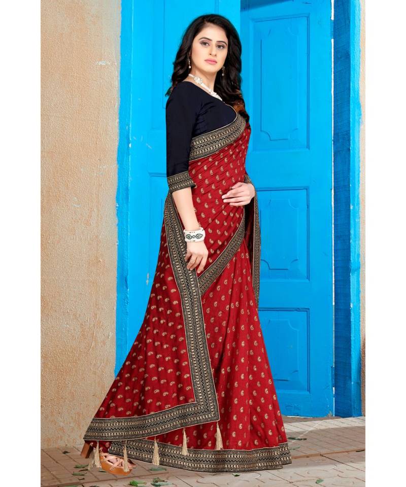 maroon printed polyester saree with blouse