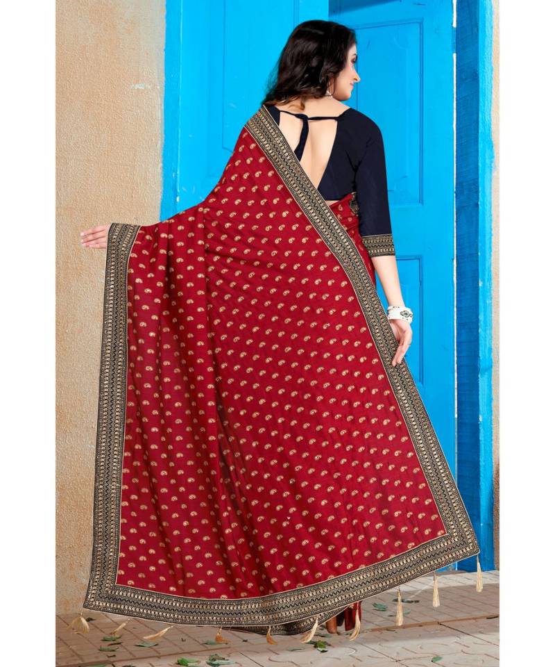 maroon printed polyester saree with blouse