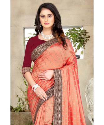 peach printed polyester saree with blouse 2