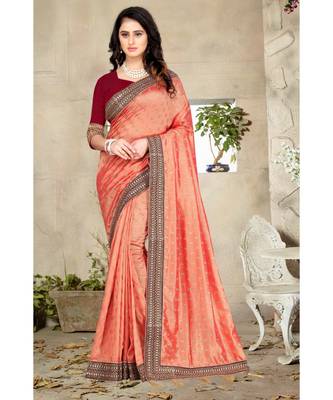 peach printed polyester saree with blouse 1