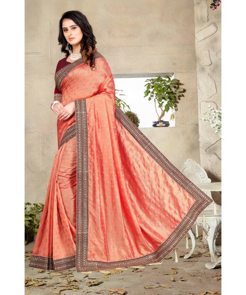 peach printed polyester saree with blouse