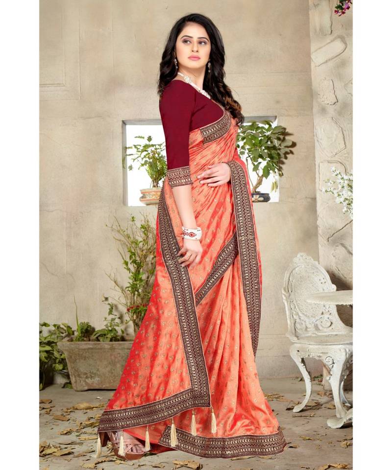 peach printed polyester saree with blouse