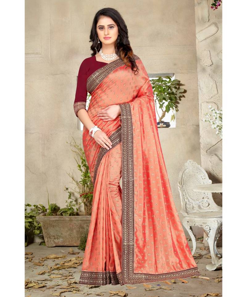 peach printed polyester saree with blouse