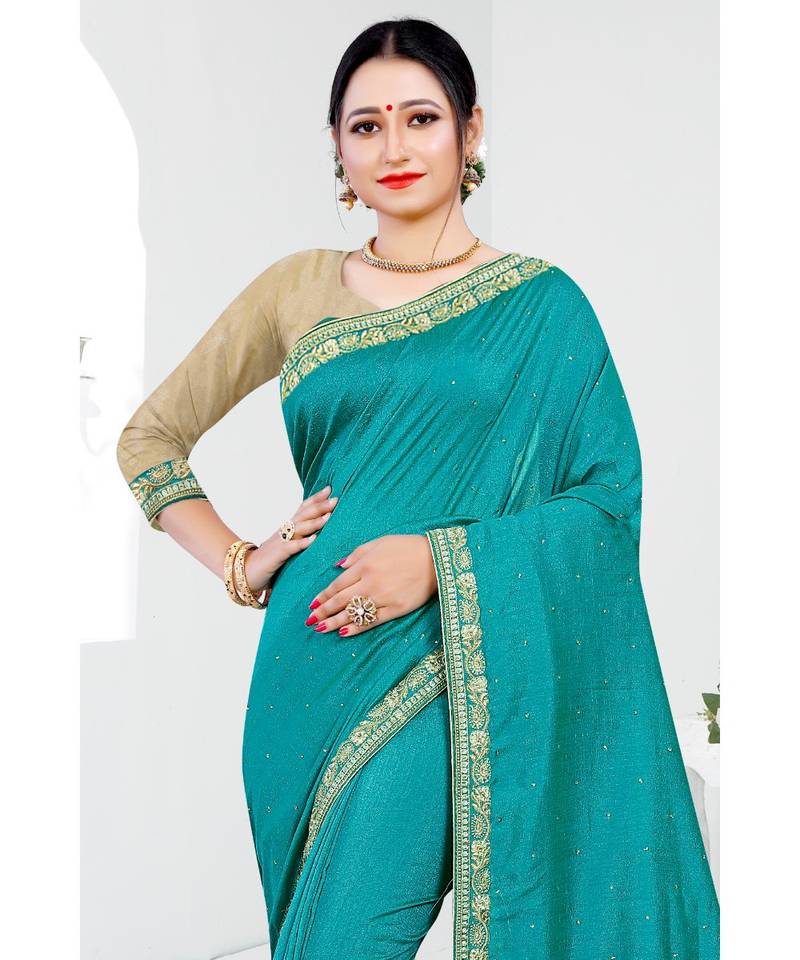 blue printed polyester saree with blouse