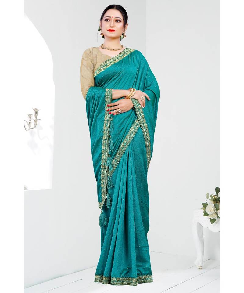 blue printed polyester saree with blouse