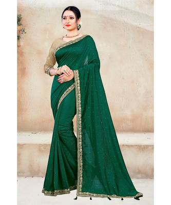 green  printed polyester saree with blouse 1