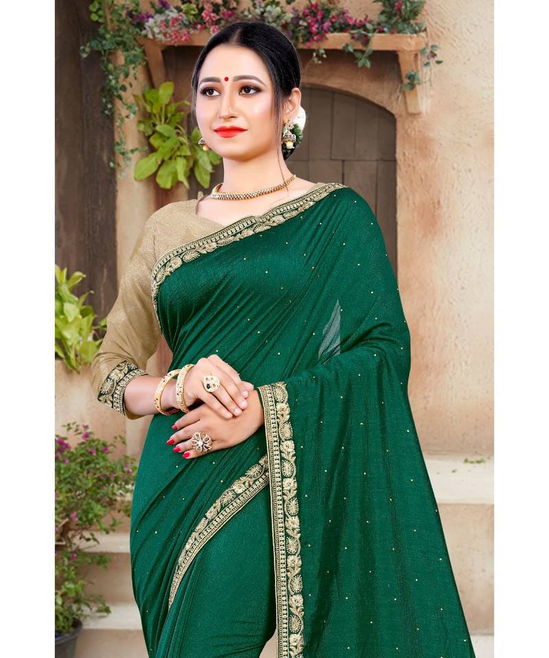 green  printed polyester saree with blouse