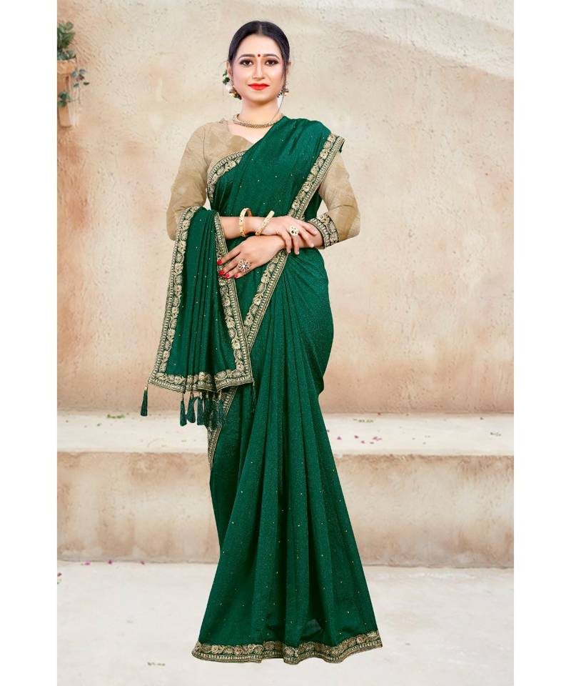 green  printed polyester saree with blouse