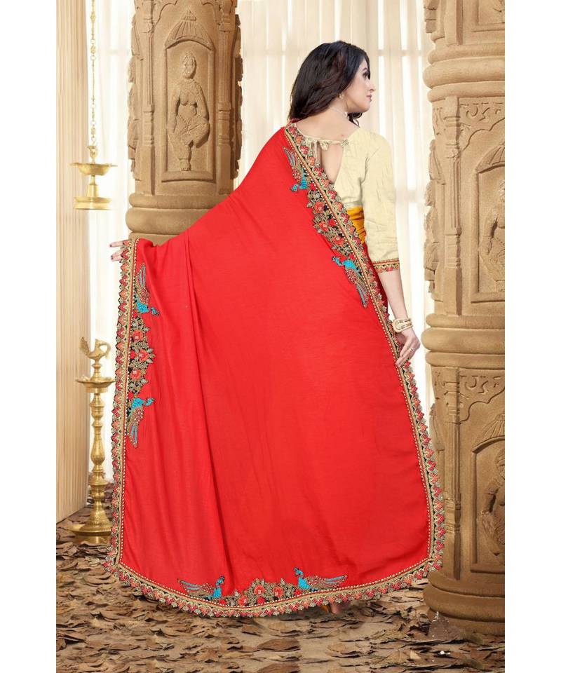 red printed art silk saree with blouse