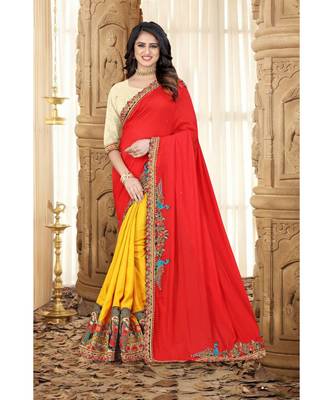 red printed art silk saree with blouse 1