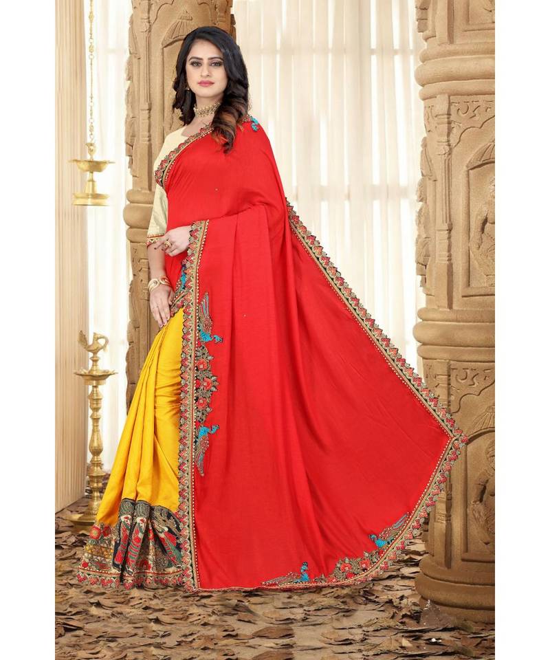 red printed art silk saree with blouse