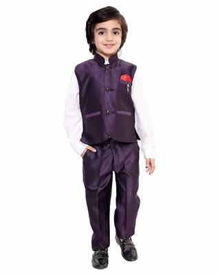 Grey printed cotton silk boys-suit 1