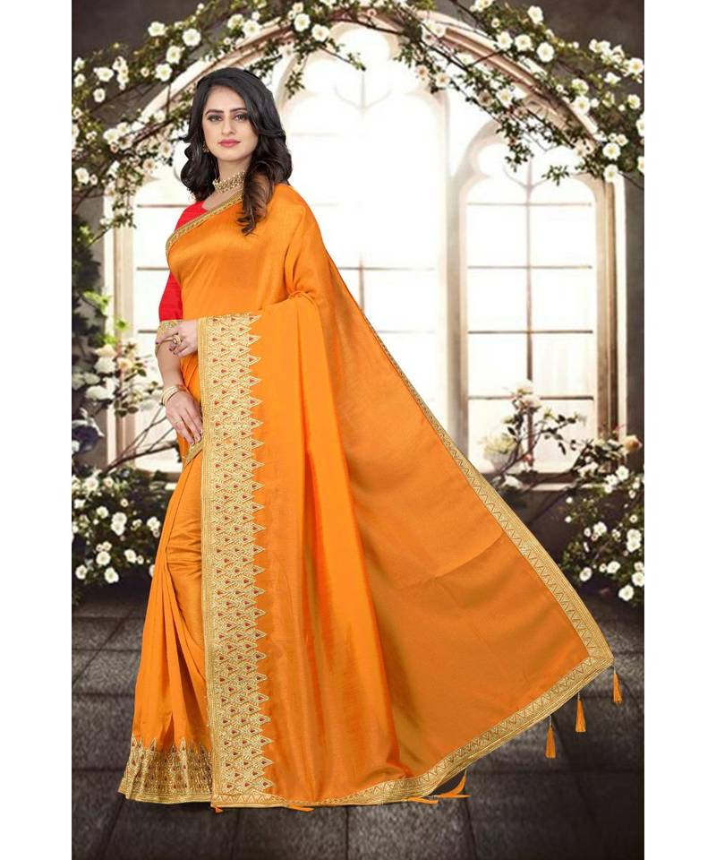 yellow printed polyester saree with blouse