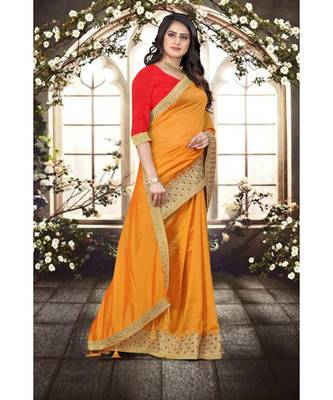 yellow printed polyester saree with blouse 4