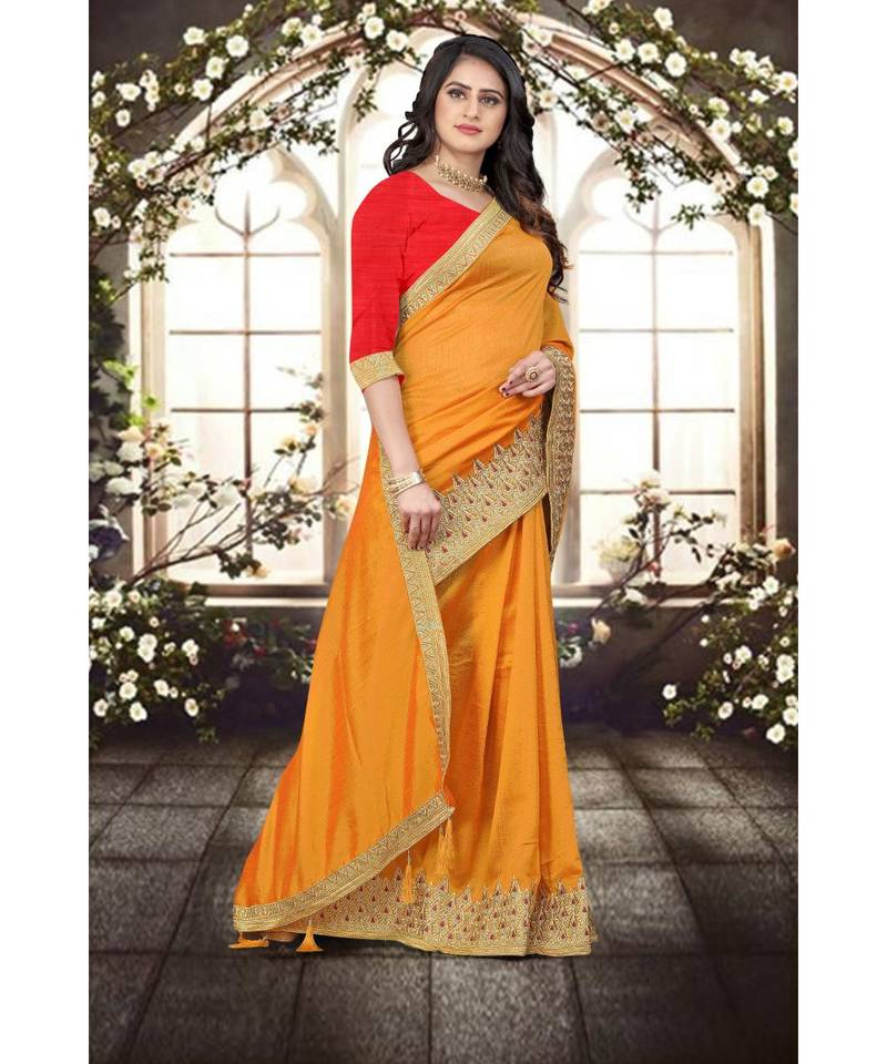 yellow printed polyester saree with blouse