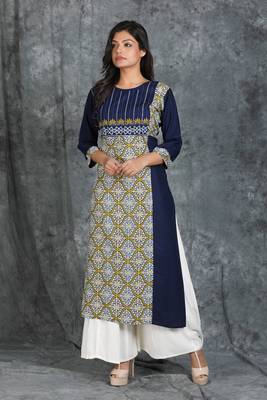 Navy-blue embroidered rayon cotton-kurtis 1