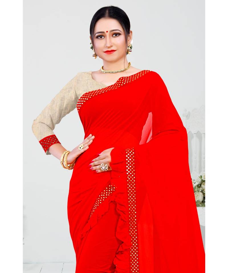 red printed cotton saree with blouse