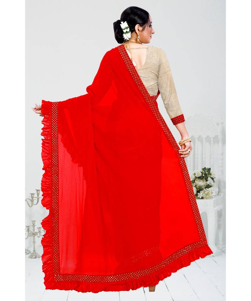 red printed cotton saree with blouse