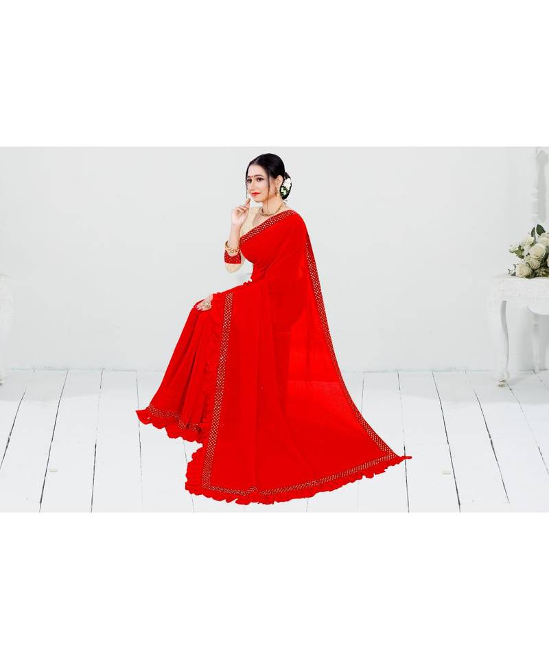 red printed cotton saree with blouse