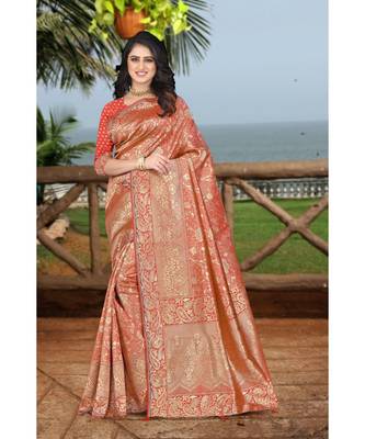 red printed art silk saree with blouse 1
