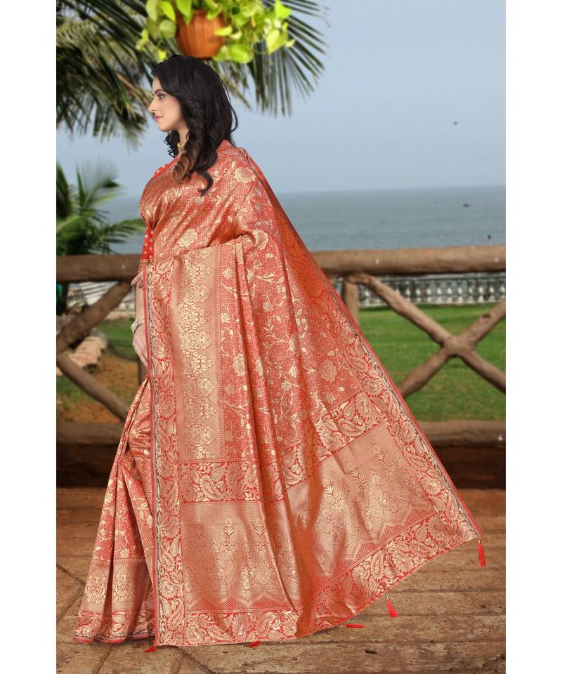red printed art silk saree with blouse