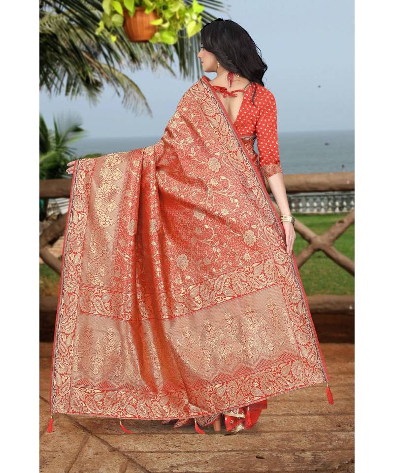 red printed art silk saree with blouse