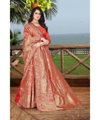 red printed art silk saree with blouse 5