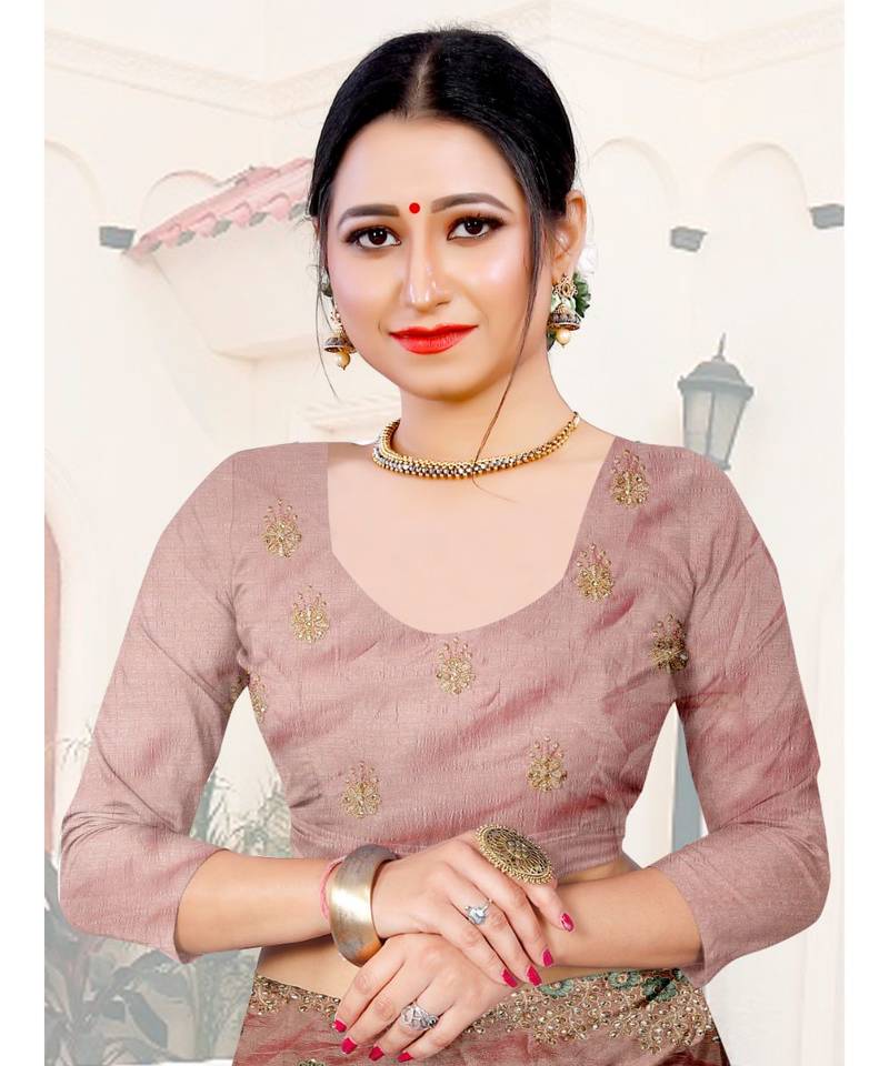 peach printed polyester saree with blouse