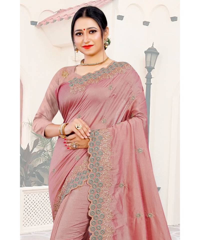 peach printed polyester saree with blouse