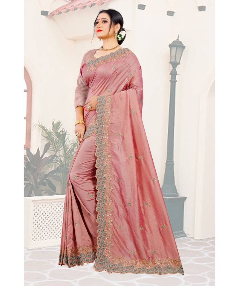 peach printed polyester saree with blouse