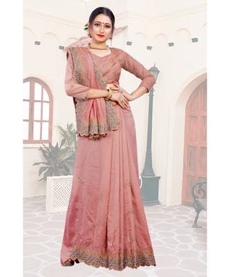 peach printed polyester saree with blouse 1