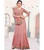 peach printed polyester saree with blouse