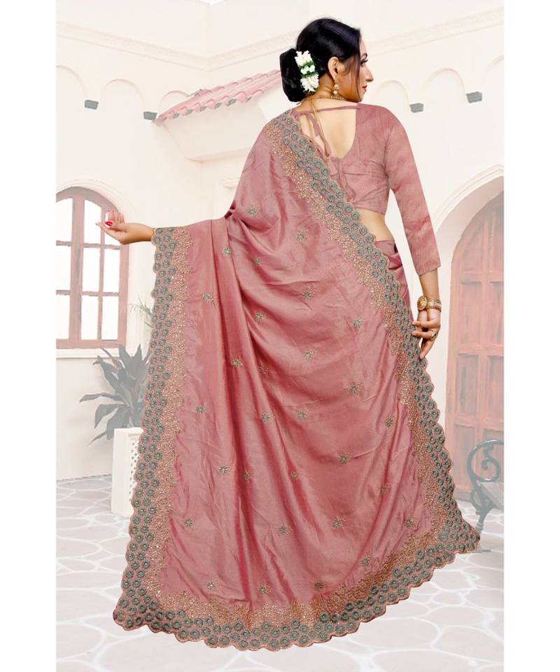 peach printed polyester saree with blouse