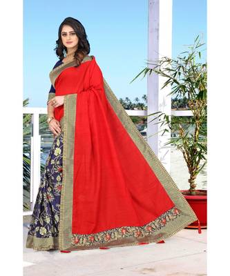 red printed jacquard saree with blouse 1