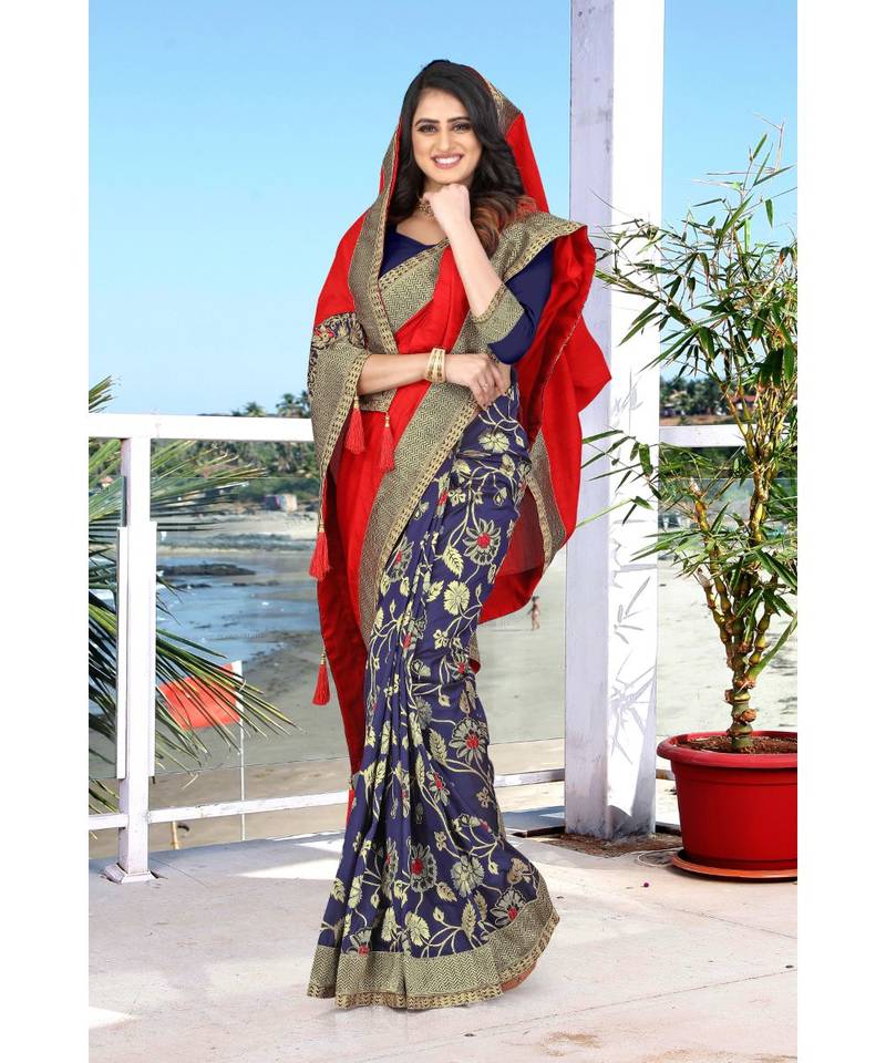 red printed jacquard saree with blouse