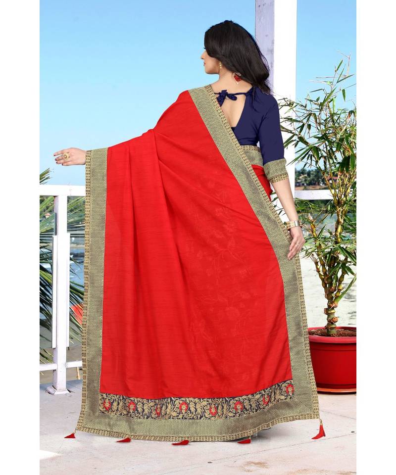 red printed jacquard saree with blouse