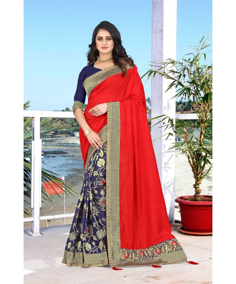 red printed jacquard saree with blouse