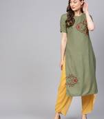 Women Olive Solid Straight Handloom Kurta