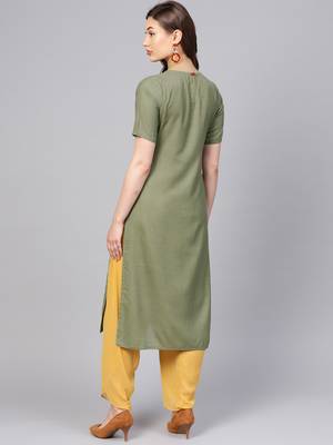 Women Olive Solid Straight Handloom Kurta 3