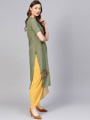 Women Olive Solid Straight Handloom Kurta 4