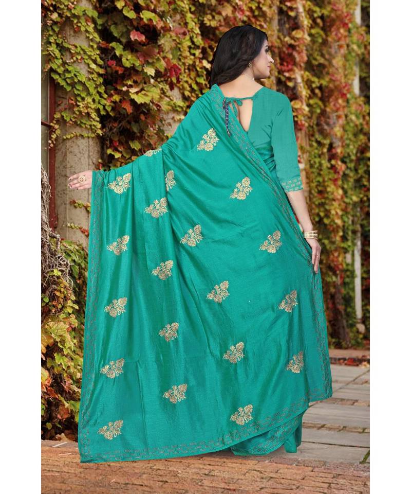 green  printed polyester saree with blouse