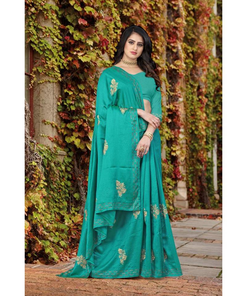 green  printed polyester saree with blouse