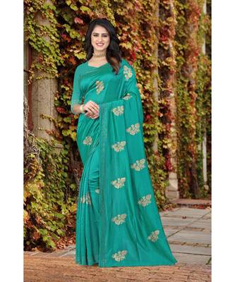 green  printed polyester saree with blouse 1