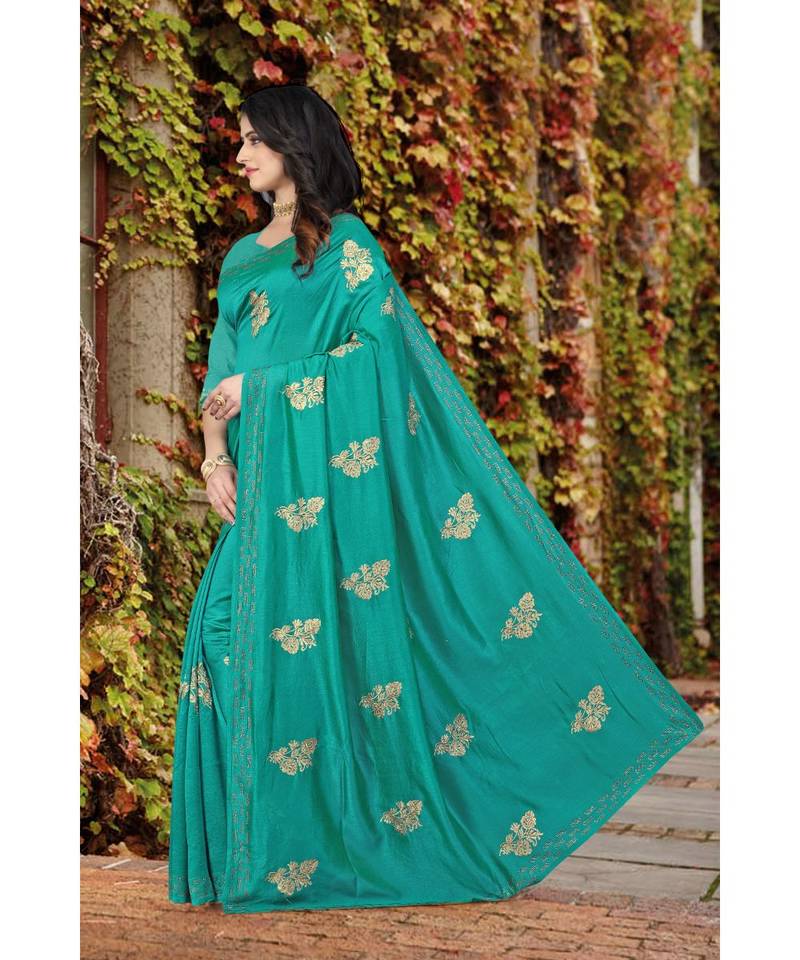 green  printed polyester saree with blouse