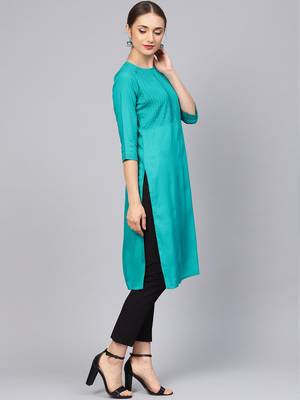 Women green Solid Straight Rayon Kurta 4