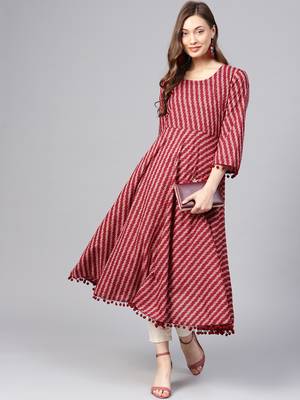 Women Maroon Geometric A-Line Cotton Kurta 2