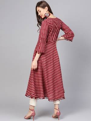 Women Maroon Geometric A-Line Cotton Kurta 3