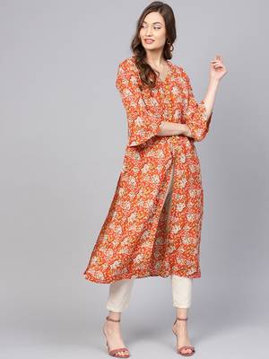 Women Orange Ethnic Motifs A-Line Rayon Kurta 1