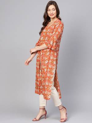 Women Orange Ethnic Motifs A-Line Rayon Kurta 2